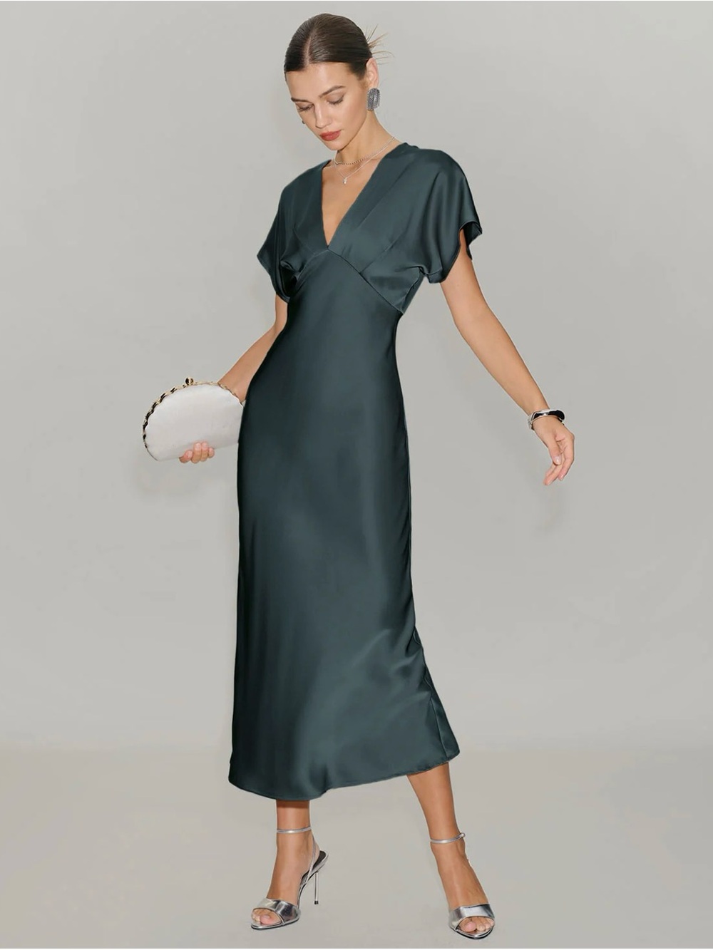 NWT Zara dress midi dark sage emerald green short sleeve satin evening wedding